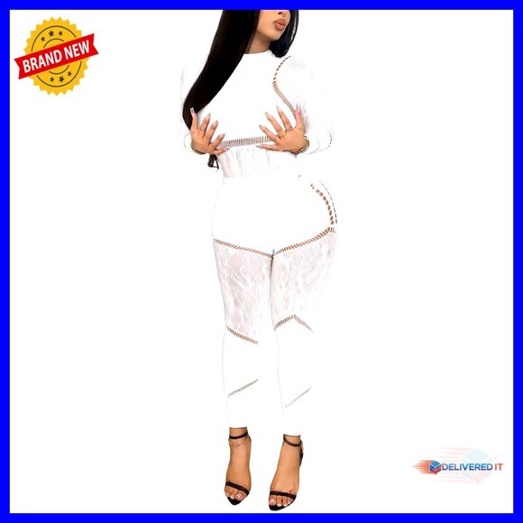 Sexy Club Outfit 2 Piece Set Mesh Hollow Out Long Sleeve Bodysuit Leggings
